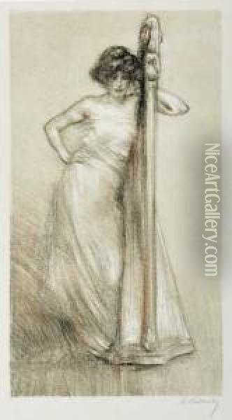 Femme A La Harpe Oil Painting - Albert De Belleroche