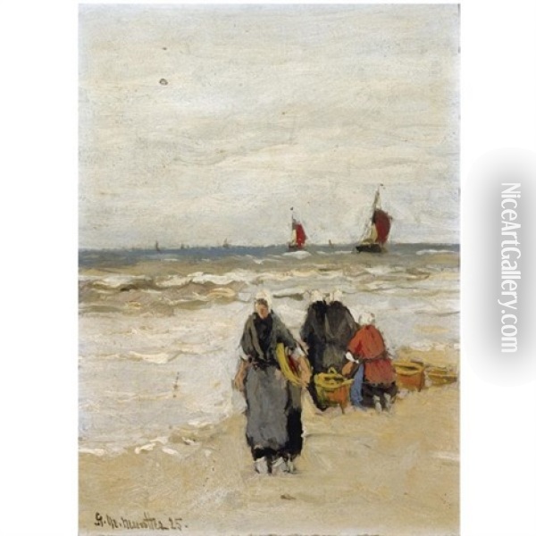 Fisherwomen On The Beach Oil Painting - Gerhard Arij Ludwig Morgenstjerne Munthe