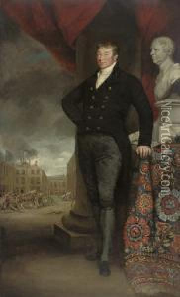 Portrait Of A Gentleman, Full-length, In A Black Coat And Breeches, Standing By A Column And A Draped Table With A Bust Of The Sitter And Documents Inscribed 'a Plan For/bettering The/condition Of/the Poor', A Work-house Courtyard Beyond Oil Painting - Henry William Pickersgill