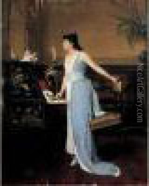 Femme Debout Devant Son Piano Oil Painting - Auguste Serrure