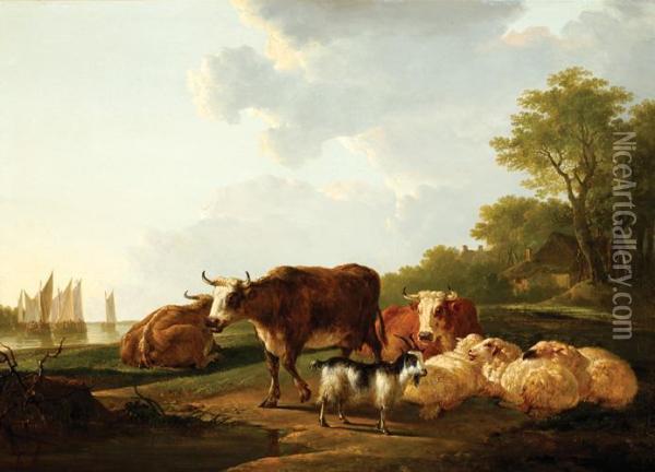 Landscape With Cows, Sheep And A Goat Oil Painting - Jacob Van Stry