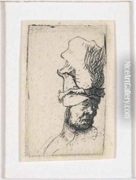 Head Of A Man In A High Cap (b., Holl.302; H.39; Bb.31-2) Oil Painting - Rembrandt Van Rijn