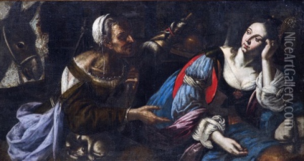 Une Vieille Femme Au Rouet En Conversation Avec Une Jeune Femme Oil Painting - Giovanni Francesco Guerrieri