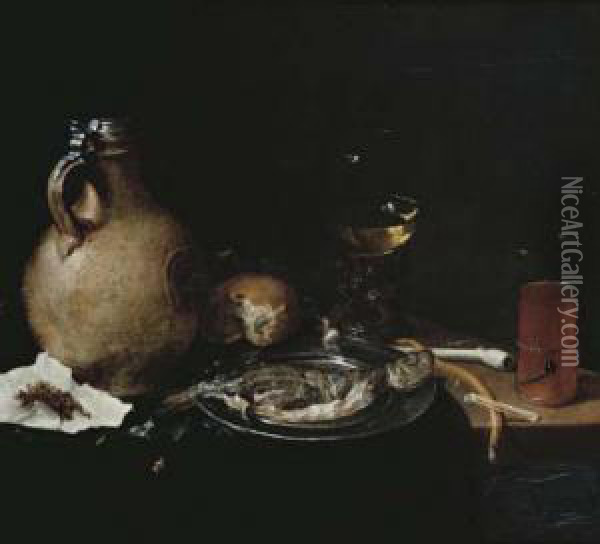 An Earthenware Tankard, Tobacco In A Piece Of Paper, A Bun, A Whiteclay Pipe, A Roemer Oil Painting - Cornelis Stangerus