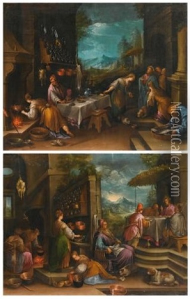 The Dinner At Emmaus; Christ In The House Of Mary And Martha (pair) Oil Painting - Jacopo dal Ponte Bassano