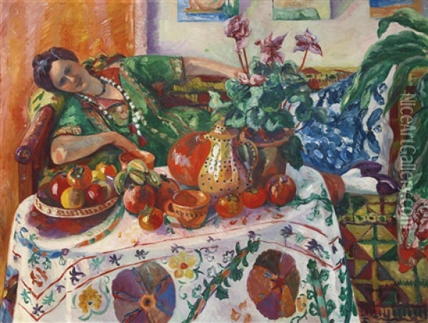 Jeanne Allongee Sur Un Canape Oil Painting - Henri Charles Manguin