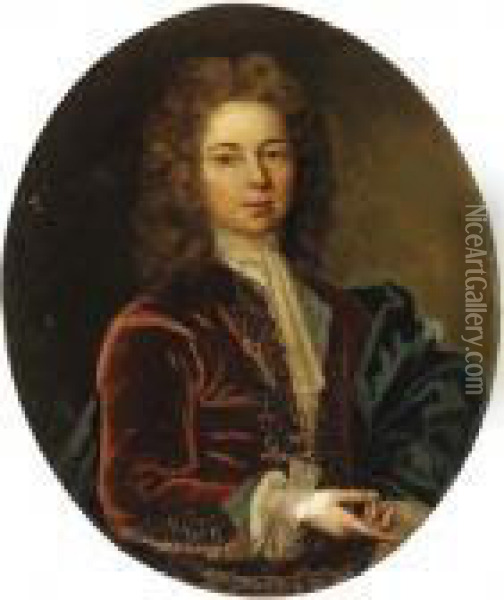 Portrait Of A Young Gentleman, Half Length, Wearing A Red Jacketand A Blue Cloak Oil Painting - Nicolas de Largillierre