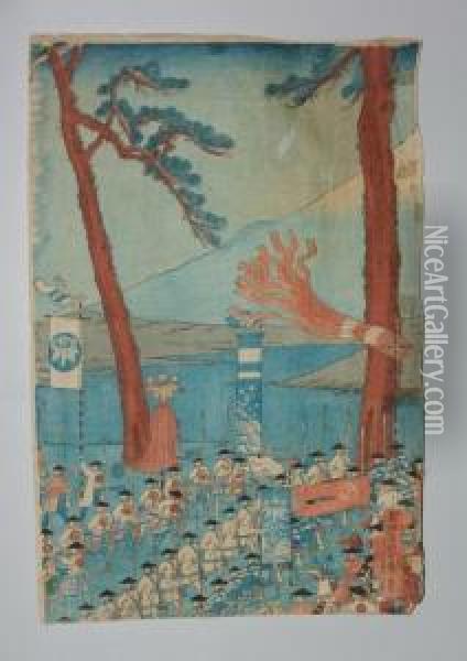 Procession Devant Un Lac Au Pied Du Fuji Oil Painting - Gountei Sadahide