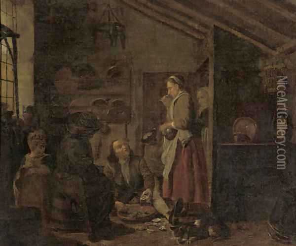 A gentleman eating oysters in a kitchen Oil Painting - Jan Jozef, the Younger Horemans