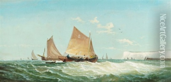 Boats Off The Shore Oil Painting - William (of Ramsgate) Broome