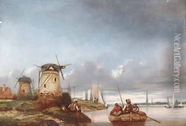 Windmills on the bank of a river Oil Painting - Joseph Stannard