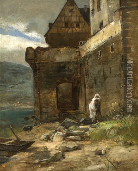 Ausgang An Der Wasserseite Von Schloss Gondorf An Der Mosel Mit Frauenraub Oil Painting - Rudolf Ribarz