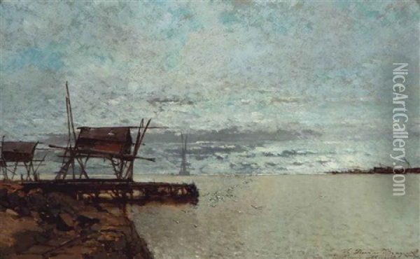 An Old Pier Oil Painting - Jean Baptiste Henri Durand-Brager