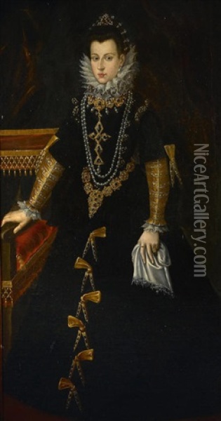 A Portrait Of Anne Of Austria, Full-length Oil Painting - Alonso Sanchez Coello
