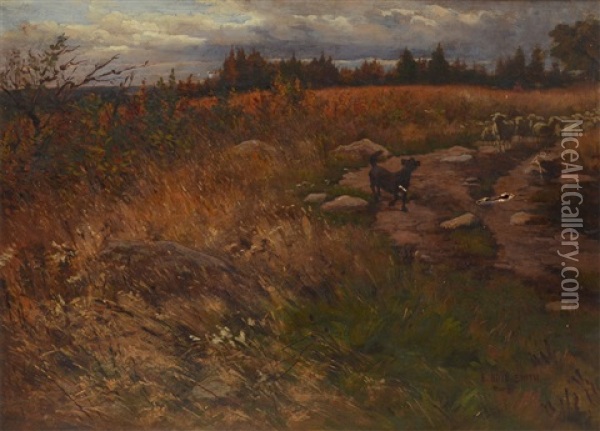 Autumnal Pastoral Landscape With A Dog & A Flock Of Sheep In A Trail Oil Painting - Elmer Boyd Smith