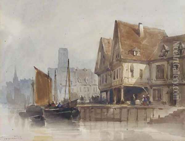 Fishing boats at a Continental quayside Oil Painting - Thomas Shotter Boys