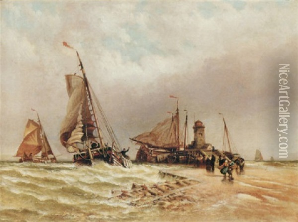 A Dutch Schuyt Entering The Harbour Oil Painting - Henry Valter