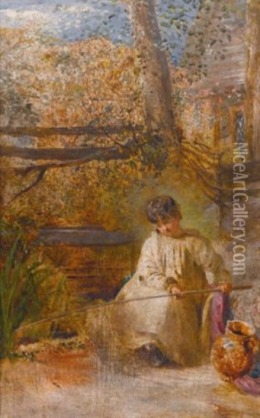 A Boy Fishing Oil Painting - John Linnell