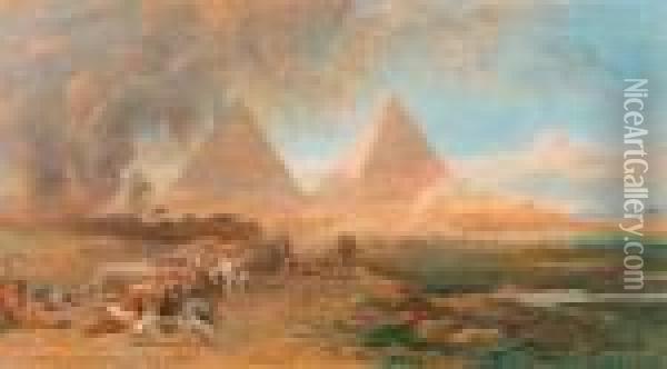 A Nomad Caravan In A Sandstorm Before The Pyramids Of Giza Oil Painting - Edward Alfred Angelo Goodall