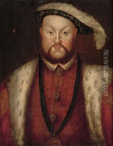 Portrait of Henry VIII (1491-1547), half-length, with a jewelled tunic and chain Oil Painting - Hans Holbein the Younger