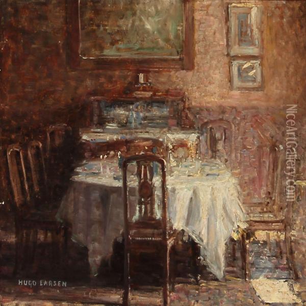 Living Room Interior With A Set Table Oil Painting - Hugo Valdemar Larsen