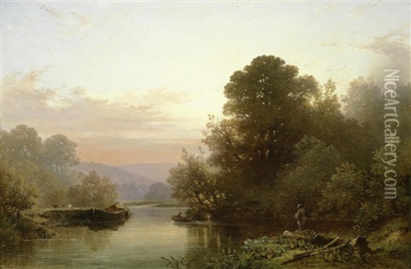 Fisherman In A River Landscape Oil Painting - William Williams Of Plymouth