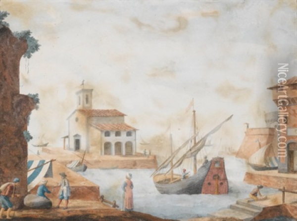 Harbour Scenes (pair) Oil Painting - Ignazio Enrico Hugford