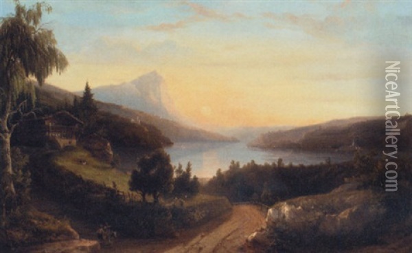 A Chalet In An Extensive Lake Landscape Oil Painting - Florent Mols