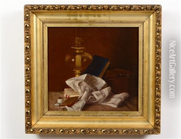 Still Life With Oil Lamp, Book And Linen Oil Painting - Nicholas Alden Brooks