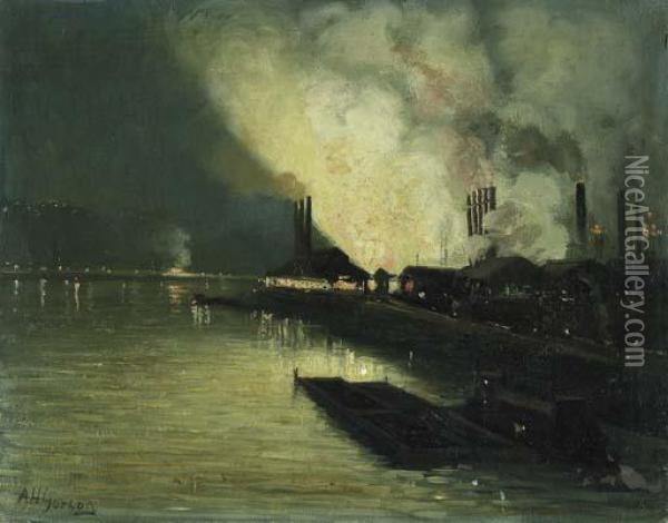 Factories At Night Oil Painting - Aaron Harry Gorson