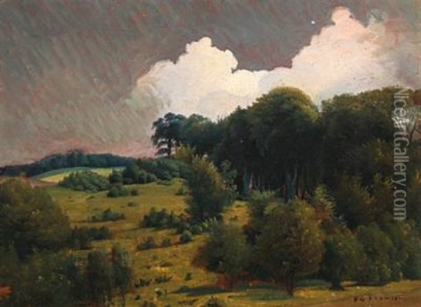 Woodland Scenery With Reddened Sky Oil Painting - Fritz (Frederik Gotfred) Thomsen