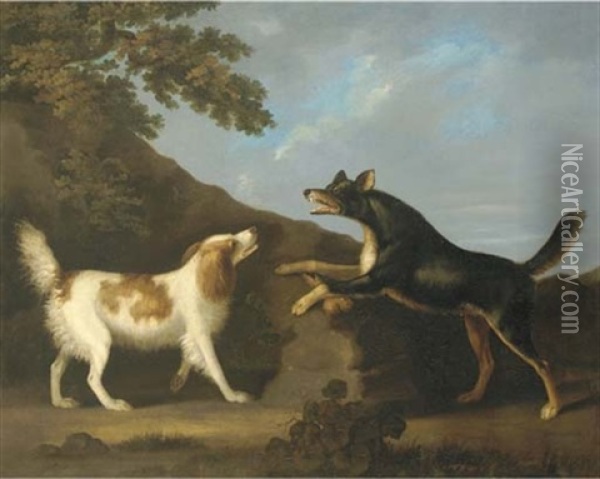 Terrier Guarding A Bone From A Spaniel In A Landscape Oil Painting - John Nost Sartorius