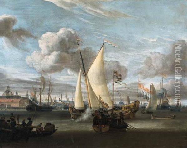 Shipping In The Harbour Of 
Amsterdam With A Dutch East India Company Yacht And A State Barge In The
 Foreground Oil Painting - Abraham Storck