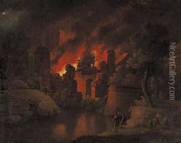 A town on fire at night with onlookers Oil Painting - Christoph Van Bemmel