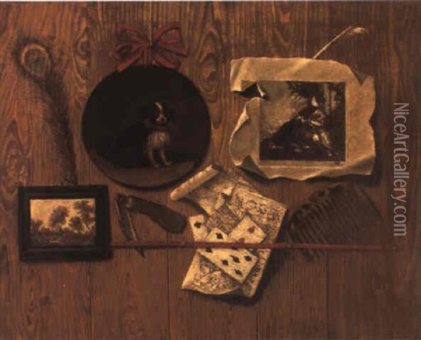 Trompe L'oeil With Cards, Engravings And A Portrait Of A Spaniel Oil Painting - Antonio (lo Scarpetta) Mara