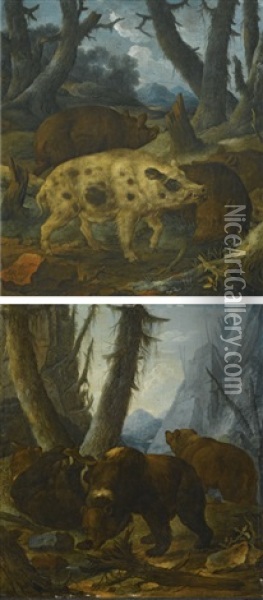 Wild Boars In A Wooded Landscape; And Bears In A Wooded Landscape Oil Painting - Johann Melchior Roos