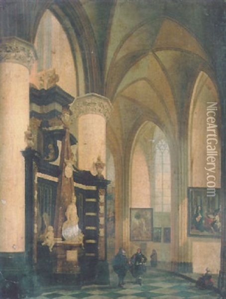 A Church Interior With Figures Oil Painting - Isaac van Nickele