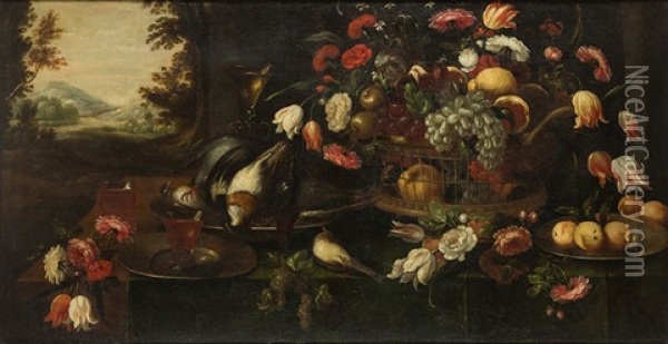 Bodegon De Flores, Frutas Y Caza Muerta Oil Painting - Francisco Coello de Portugal y Quesada
