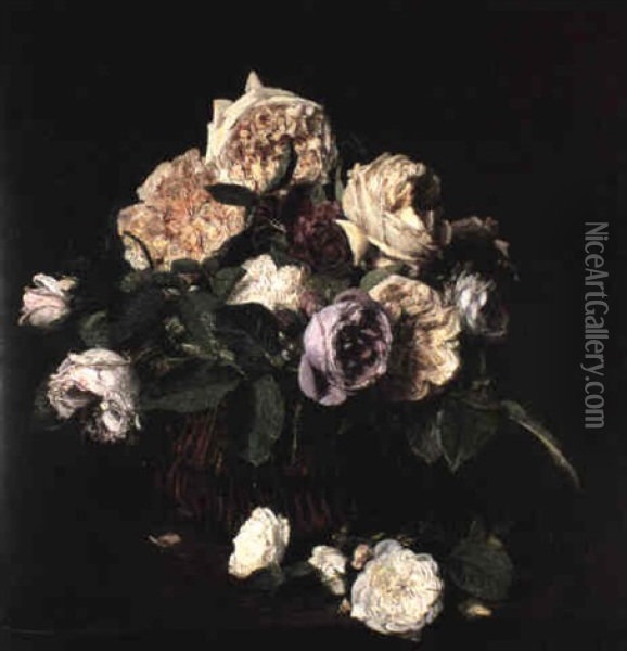 Roses Dans Panier Sur La Table Oil Painting - Henri Fantin-Latour