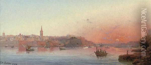 Sunset Over The Grand Harbour, Valetta, Malta Oil Painting - Luigi Maria Galea