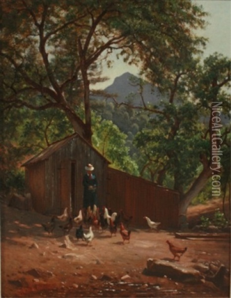 Girl Feeding Chickens Oil Painting - Virgil Williams