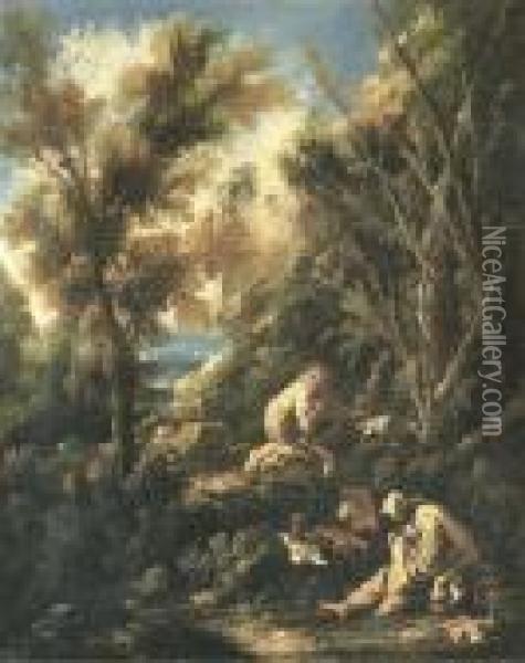 Two Monks Praying In A Landscape Oil Painting - Alessandro Magnasco
