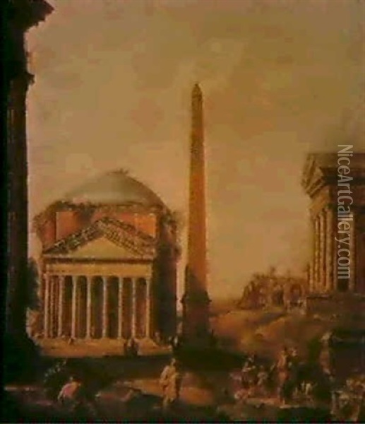 Capriccio Of Roman Ruins Oil Painting - Giovanni Paolo Panini