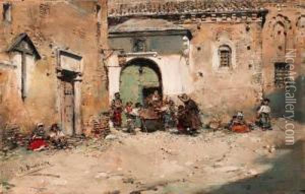 A Spanish Courtyard Oil Painting - Jose Benlliure Y Gil