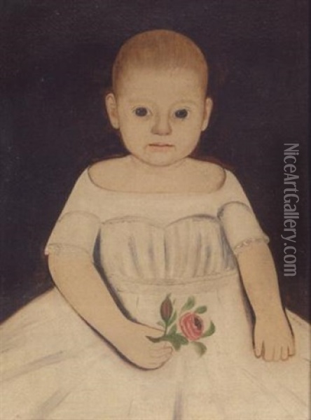 A Portrait Of A Little Girl In A White Dress Holding A Rose Oil Painting - William W. Kennedy