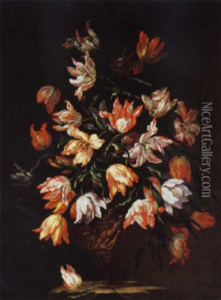 Tulips In A Sculpted Urn On A Stone Plinth Oil Painting - Mario Nuzzi