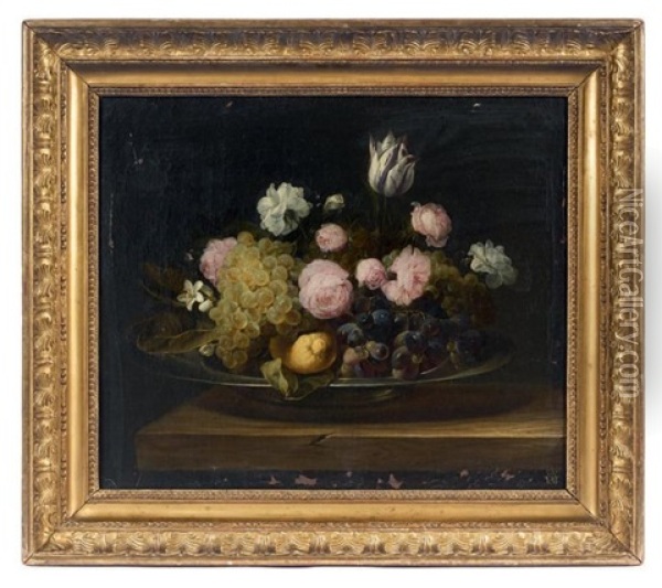 Coupe De Fleurs Et Fruits Posee Sur Un Entablement Oil Painting - Jan van den Hecke the Elder
