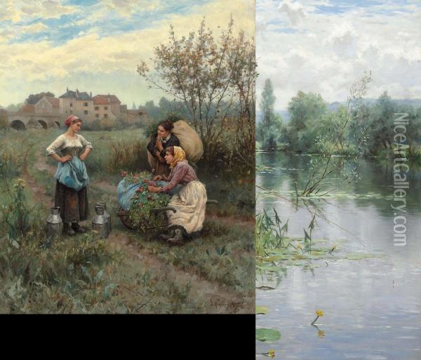 Three Women In A Landscape Oil Painting - Daniel Ridgway Knight