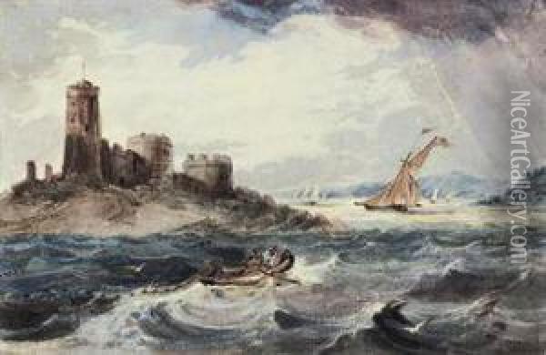 Shipping Running Towards A Tidal Gate Oil Painting - Samuel Owen