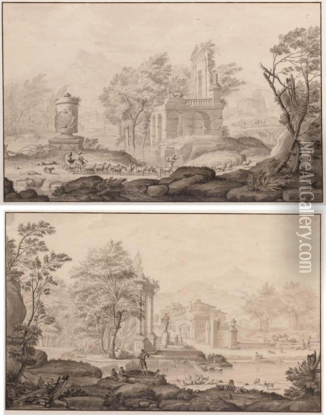 A Pair Of Pastoral Landscapes, With Herders By Riverside Ruins Oil Painting - Nicolaes Matthijsz. Aartman